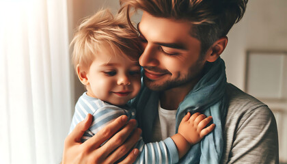 A joyful father and child share a loving moment together, celebrating family and happiness in a beautiful scene of childhood