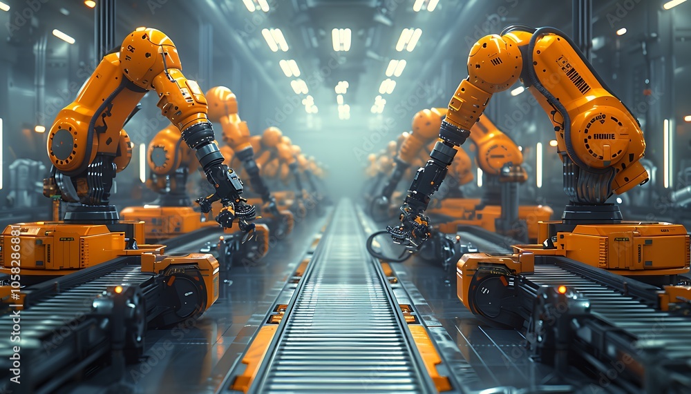 Poster A futuristic factory featuring advanced robotic arms engaged in automated tasks along a production line.