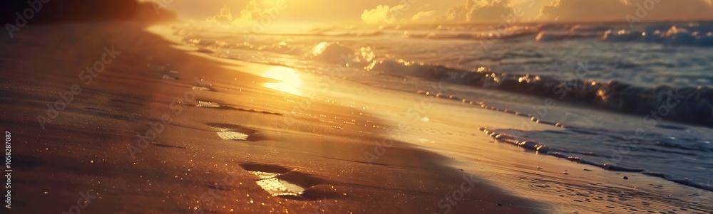 Poster a serene beach at sunset with gentle waves lapping the shore, casting warm reflections on the wet sa