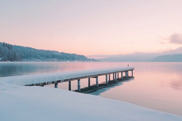Fototapeta premium Tranquil winter lake with snowy pier at sunrise in serene landscape