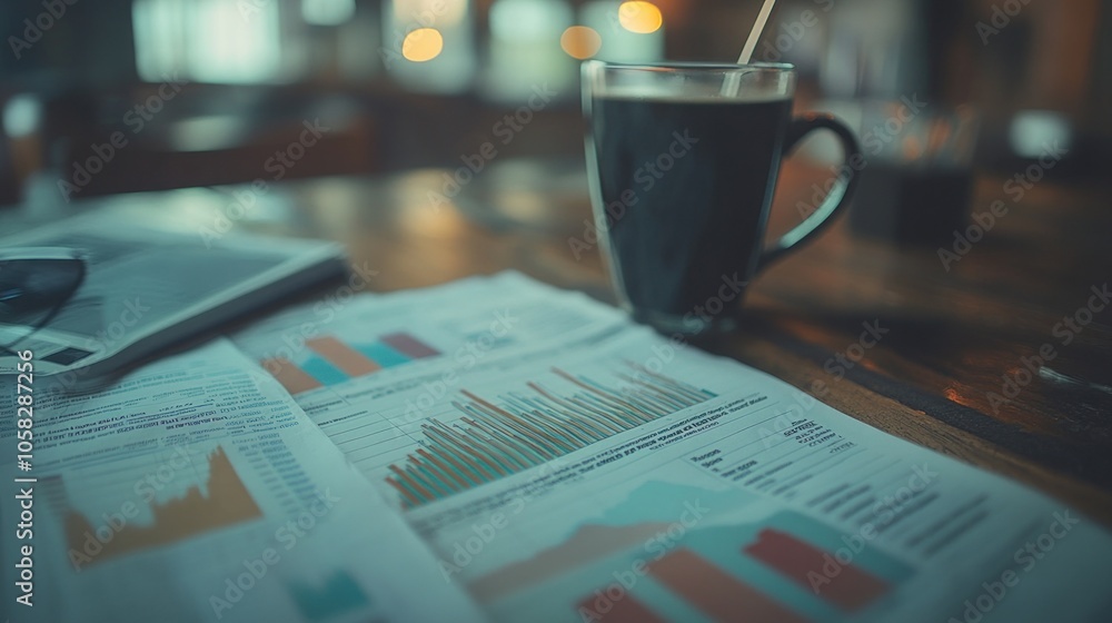 Poster a cup of coffee sits on a wooden table next to a stack of papers with graphs and charts.