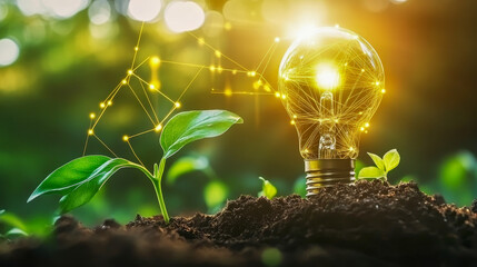 Sustainable Energy Concept with Lightbulb and Growing Plant