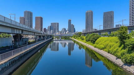 City skyline reflected in a calm river under a clear blue sky.