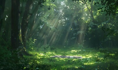 Obraz premium A serene forest scene with sunlight streaming through trees, illuminating lush greenery on the forest floor.