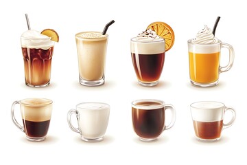 Eight glass cups containing various hot beverages including coffee, tea, milk, and chocolate drinks are displayed on a white background