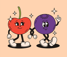 Groovy berry characters. Cherry and blueberry. Flat vector illustration.