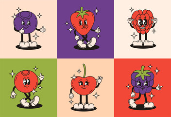 Set of groovy berries characters. Strawberries, cherries, blackberries, blueberries, raspberries, cranberries. Flat vector illustration.