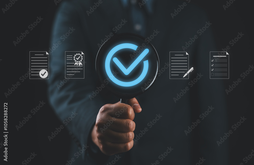 Aufkleber Quality Certificate and Checklist document analyst target marketing planning assignment with quality management. Standardization, certification. Compliance to regulations service and standards.