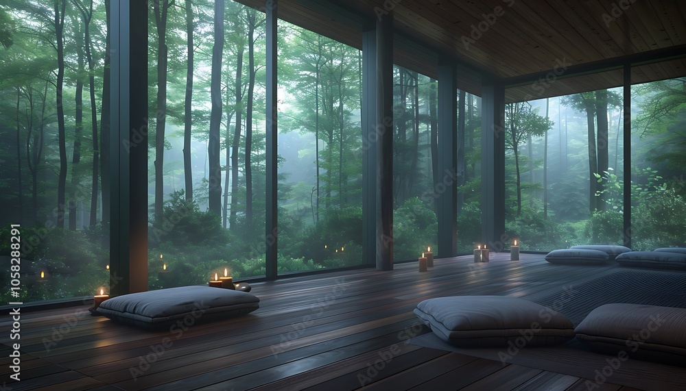 Aufkleber a tranquil space with large windows overlooking a misty forest, featuring cozy cushions and soft lig