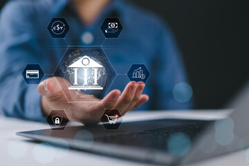 Technology and business finance concept, Businessman show icon online banking and icon network...