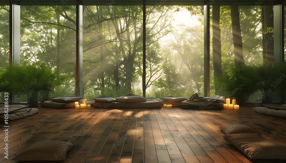 Poster A serene indoor space with wooden flooring, surrounded by greenery, illuminated by soft light filtering through large windows, creating a tranquil atmosphere.