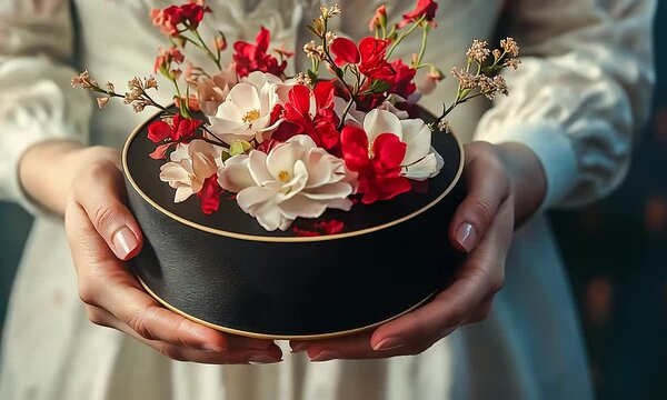 Woman Holding a Flower Hat-Box