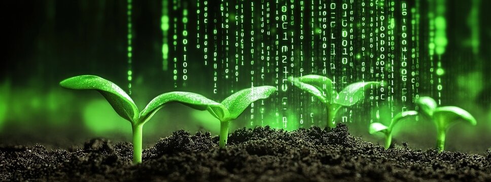 Green shoots growing from dark soil with binary code falling as a rain.
