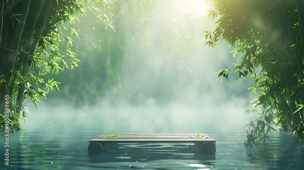 Poster a serene scene of a misty river surrounded by lush greenery, featuring a wooden platform floating pe