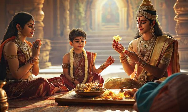 Indian Family Praying to Lord Ram at Home