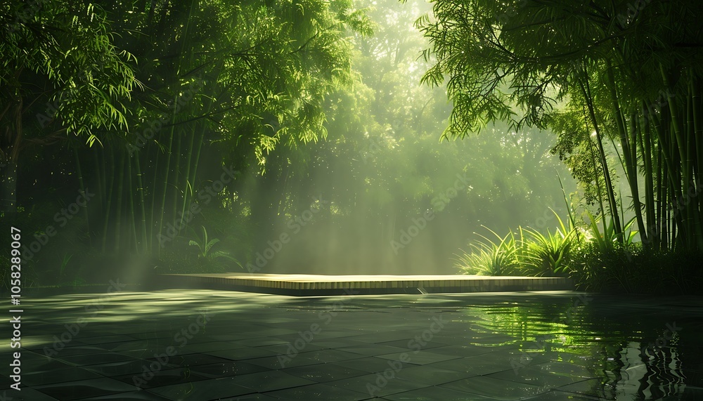 Poster a serene, sunlit scene of a bamboo forest with soft rays of light shining down on a calm, reflective