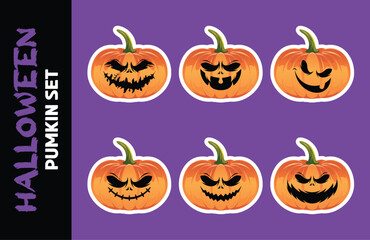 Creepy vector pumpkin set with a creepy carved face, featuring dark colors. Ideal Halloween illustration on a black background, perfect for seasonal designs