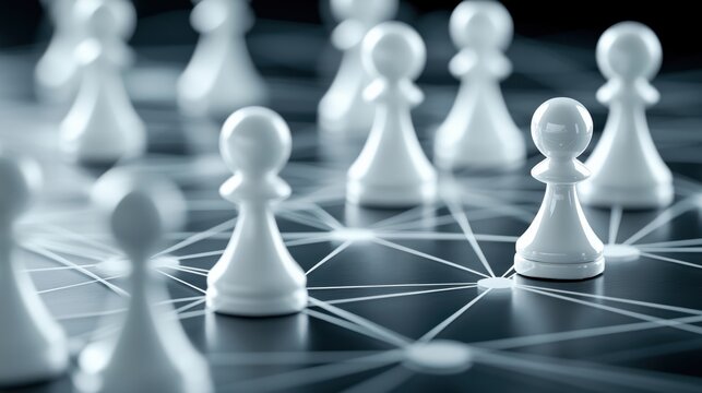 Close-up of white chess pawns on a dark board, showcasing strategy and competition in a modern game.