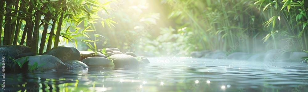 Poster a serene bamboo grove beside a misty river, illuminated by soft sunlight filtering through lush gree