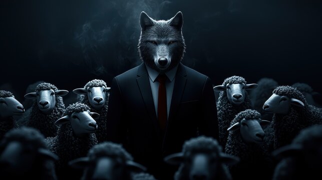 A surreal scene with a wolf in a suit standing amongst sheep, highlighting themes of identity and deception.