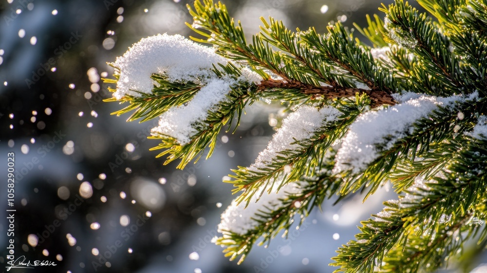 Poster close-up of a snow-covered evergreen branch with bokeh effect in the background.