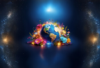 A vibrant earth surrounded by flowers and glowing lights against a dark blue space background with nebulae.