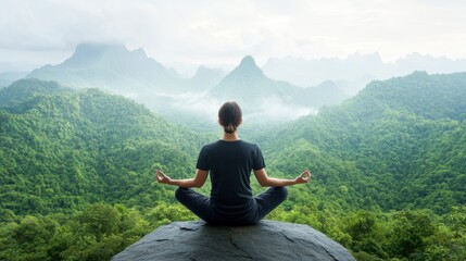 Fototapeta premium A person meditating peacefully on a rocky outcrop, surrounded by lush green mountains and misty landscapes.