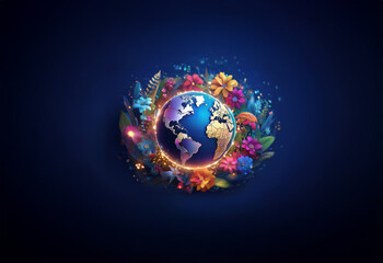 A vibrant Earth with a ring of colorful flowers and plants on a dark blue background.