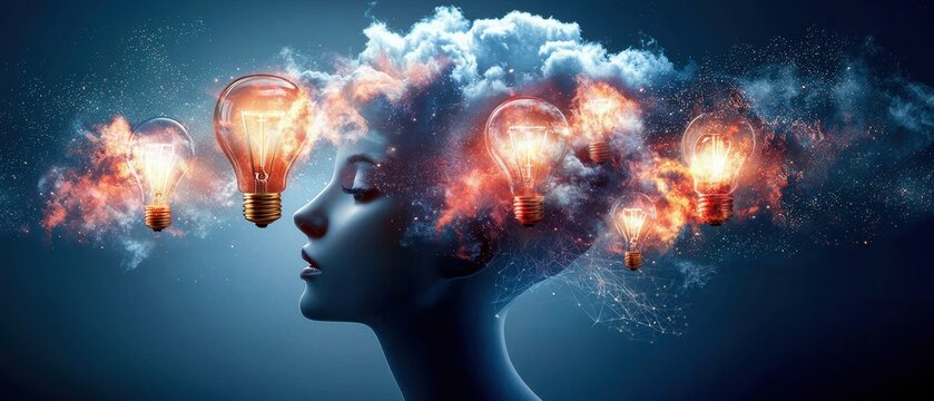 A conceptual representation of creativity with a profile of a human head surrounded by glowing light bulbs and colorful clouds.