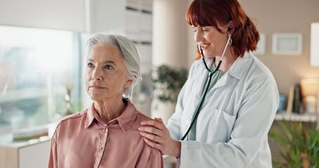 Doctor, stethoscope and senior woman in office, healthcare and consultation with people. Employee, medical and professional with patient or equipment to check lungs, breathing and trust with wellness - Powered by Adobe