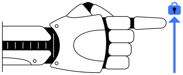 A robotic hand points towards a blue padlock symbol with an upward arrow, indicating security and protection. Ideal for technology, cybersecurity, future tech, automation, artificial intelligence