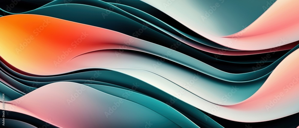 Poster a vibrant abstract design featuring flowing waves in shades of teal, coral, and white, creating a dy