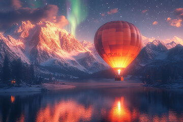 Obraz premium Hot air balloon floating above a tranquil lake surrounded by majestic snow-capped mountains under a starry sky and vibrant auroras in shades of green, purple, and pink,...