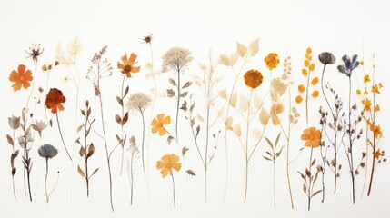 Dried pressed floral composition of wildflowers and leaves on white background for botanical art and crafts


