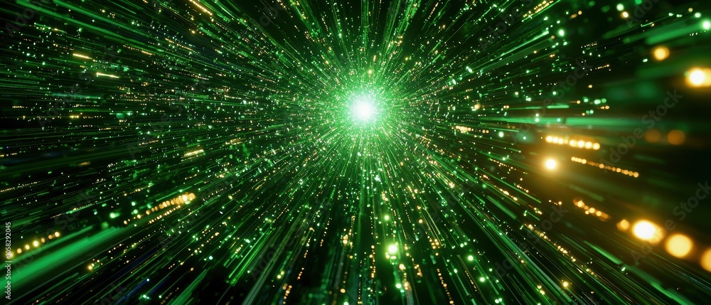 Poster abstract green light rays radiating outward from a central point, creating a dynamic and futuristic 