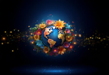 A blue planet Earth with vibrant flowers blooming around it on a dark blue background.