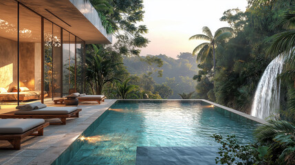 Obraz premium Infinity pool with panoramic view of lush tropical forest