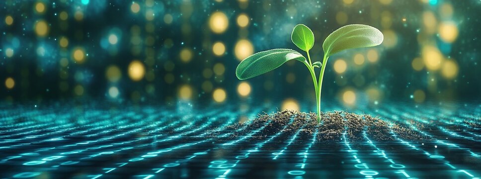 A single green sprout growing from the ground over a glowing binary code pattern with bokeh in the background.
