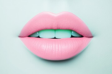 Fototapeta premium Closeup view of delicate rose lips with a natural matte texture, softly licking a pale mint green tongue, with light ivory teeth, set against a muted light gray background for a soft and elegant look