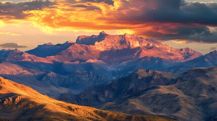 Naklejka premium Beautiful mountainous landscape with the sunset in the background. 