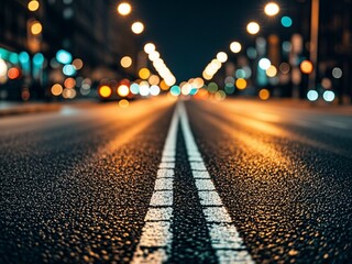 Turning asphalt road with marking lines and reflections with colorful unfocused lights on a...