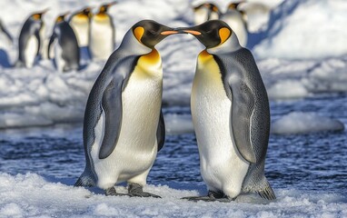 Fototapeta premium Two King Penguins facing each other and touching beaks, with other penguins in the background.