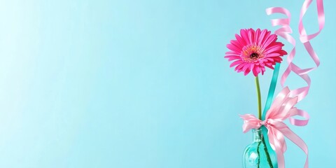 Obraz premium A vibrant pink flower in a vase with ribbons against a light blue background.