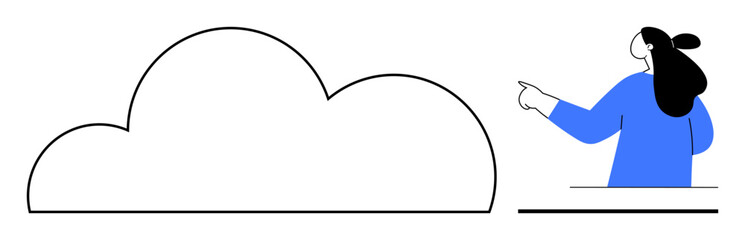 Simplified graphic of a woman pointing at a large cloud outline. Ideal for themes like cloud computing, technology, data storage, weather forecasting, and imagination. Minimalist drawing style