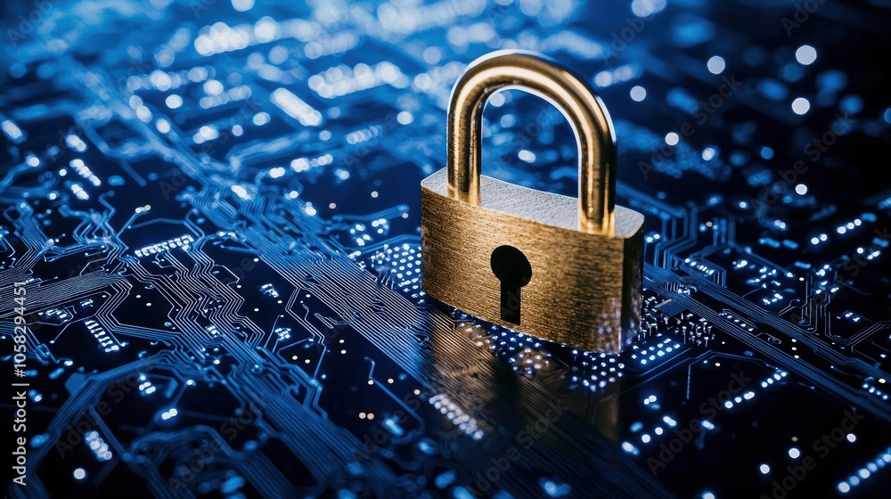 Poster a golden padlock on a blue digital circuit board background representing data security and protectio