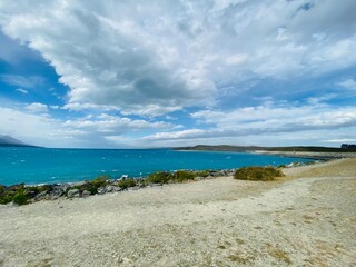  Beautiful panoramic views of lake Pukaki, South Island, New Zealand. Landscape with mountains and blue sky