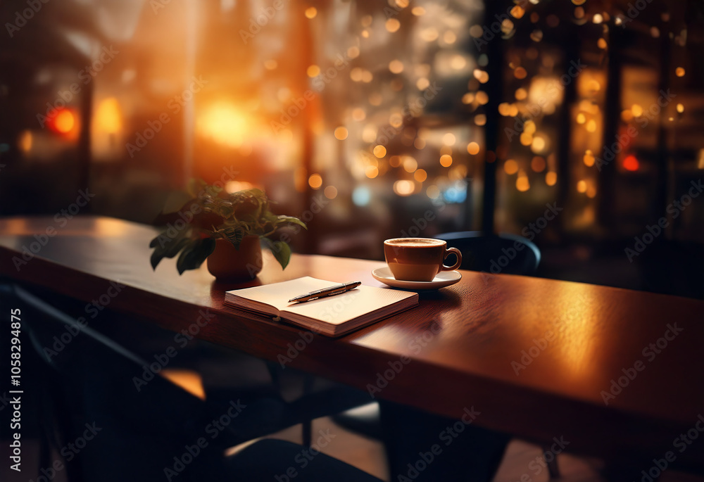 Poster a coffee cup sits on a wooden table, next to an open notebook and a pen. the scene is illuminated by