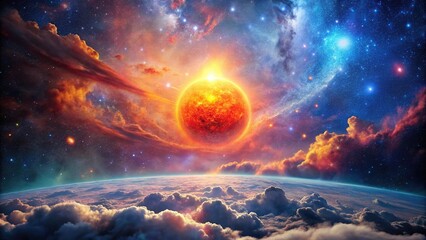 A stunning image of a starry night sky with vibrant colors and patterns, featuring a bright red sun at the center and swirling clouds of gas and dust, galaxy, stargaze, stars, cosmic