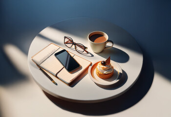 A round tray sits on a table with a cup of coffee, a pastry, a smartphone, a notebook, and a pair of glasses. Sunlight streams through a window.