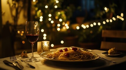 Fototapeta premium A romantic table setting with pasta, a glass of wine, and the glow of twilight light adding